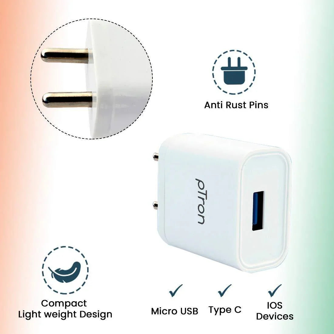 pTron Volta 12W Single USB Smart Fast Charger for Android Devices - Indclues